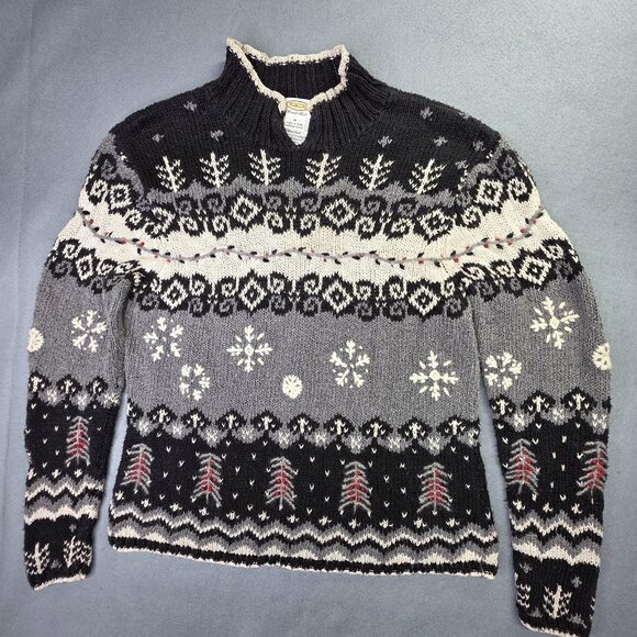 Talbots Sweater Women M Black Fair Isle Snowflake Handknit Linen Blend Mock Neck - Picture 12 of 12